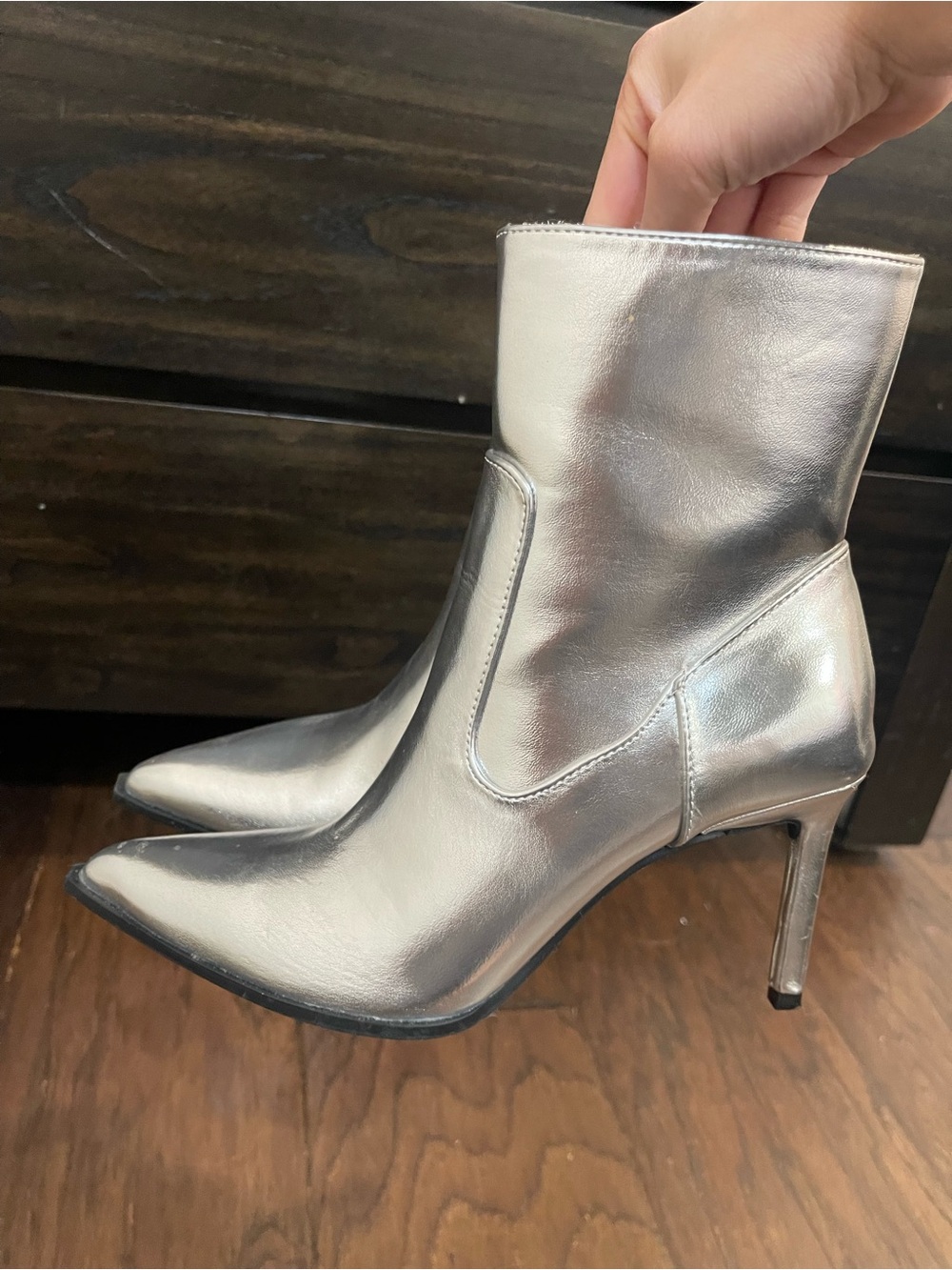 Metallic Silver Pointed-Toe Stiletto Ankle Boots - Women's